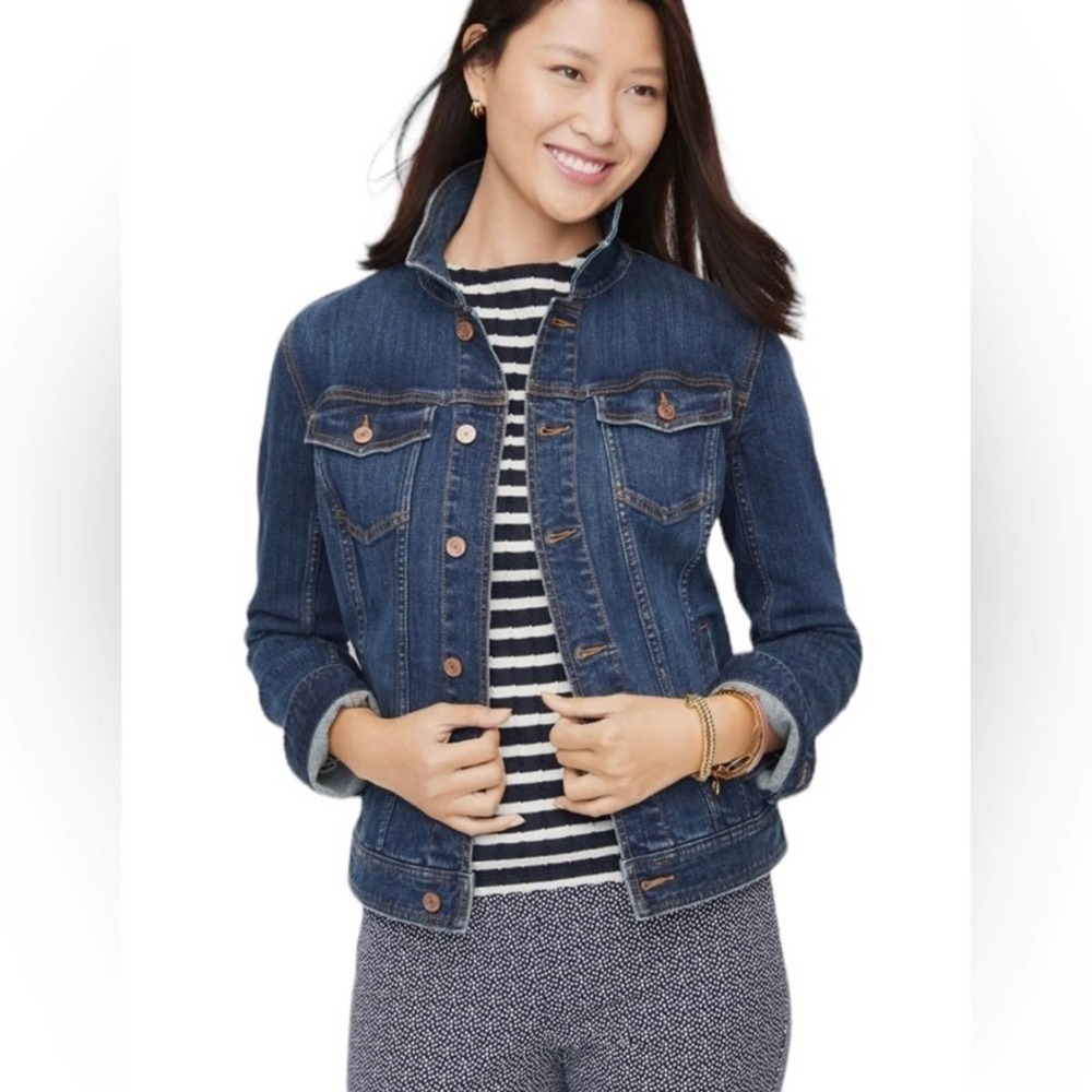Talbots Jean denim jacket front pockets metal buttons banded bottom size P
C b - Picture 13 of 15